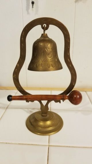 Vtg Brass Bell Etched With Wood Mallet Gong Bell Dinner Call India