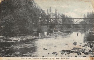 West Bend Wisconsin Thru Truss Foot Bridge Crossing Milwaukee River 1909 Pc