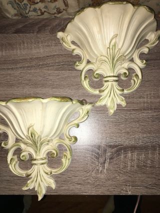 Vintage Antiqued White/green Finish Syroco Wall Pocket Sconce Planters Set Of 2