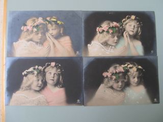 4 Antique Real Photo Hand Coloured Postcards Of Pretty Young Girls