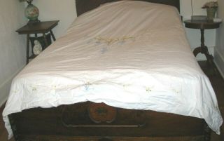 Vintage Duvet Bed Cover White Cotton Yellow & Blue Embroidery Flowers 80 " X 86 "