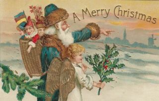 Blue Robe Santa Claus With Angel & Toy Basket Antique Christmas Postcard - C961