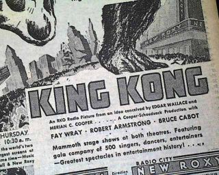 Earliest King Kong Movie Film Opening Day Advertisement 1933 Ny Times Newspaper