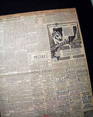 Earliest KING KONG Movie Film Opening Day ADVERTISEMENT 1933 NY Times Newspaper 5