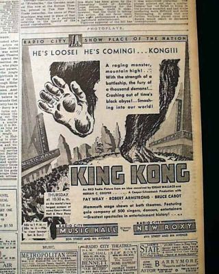 Earliest KING KONG Movie Film Opening Day ADVERTISEMENT 1933 NY Times Newspaper 6