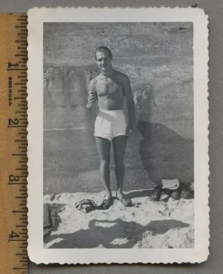 Vintage 1948 Photo Sexy Handsome Shirtless Man Beach Swimsuit Gay Interest
