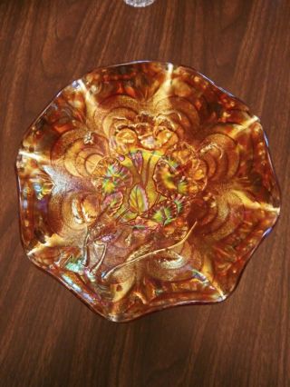 Imperial Carnival Glass Ruffled Fluted Bowl Marigold Amber 8 " Vintage / Antique