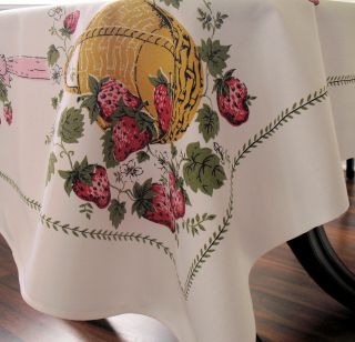 Vtg Print Cotton Tablecloth Strawberries Cherries Raspberries Daisiesl 64X53 4