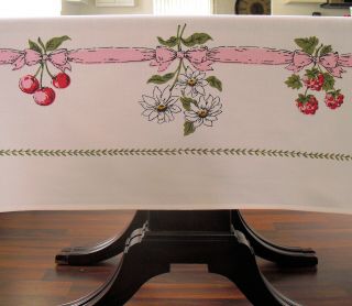 Vtg Print Cotton Tablecloth Strawberries Cherries Raspberries Daisiesl 64X53 6