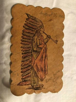 Native American Indian Full Head Dress Vintage Leather Postcard