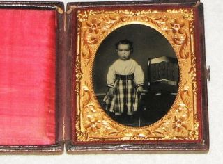 1/9th Plate Ambrotype Photo,  Young Girl In Plaid Skirt,  Blouse,  Sharp Image