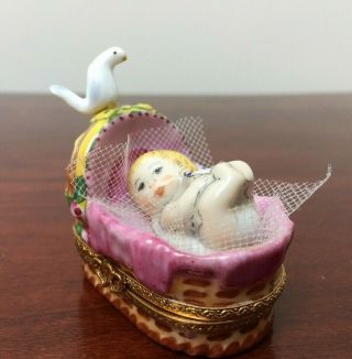 Limoges France Hand Painted Baby In A Bassinet Trinket Box