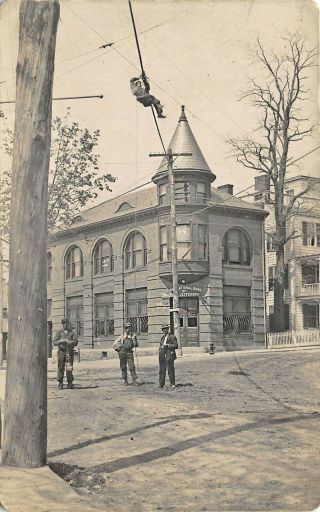 Port Jefferson Ny First National Bank Men Repairing Wiring Real Photo Postcard