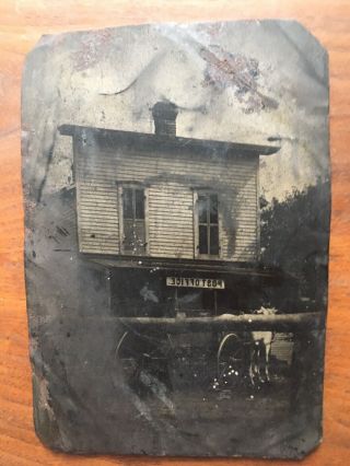 Wow Rare Large Tintype Of Post Office Outdoor Storefront Half Plate Mail Wagon