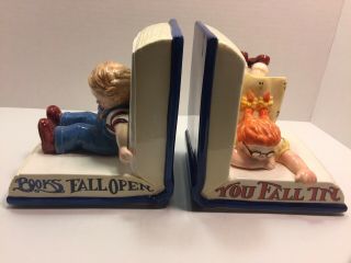 Mary Engelbreit Vintage Ceramic Bookends Rare " Books Fall Open You Fall In " 1994