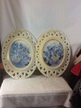 Vintage Set Of 2 White Oval Frame Flower & Butterfly Pictures Pre - Owned
