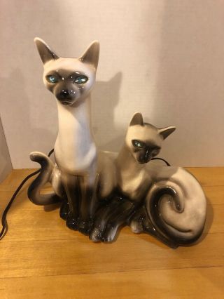Vintage Siamese Cats Tv Lamp Ceramic Light Jewel Eyes Lane Co Mid Century