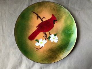 Vintage Enamel On Copper Red Cardinal Bird On Branch Plate