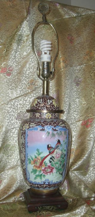 Vintage Asian Chinese Japanese Enamel Painted On Brass Or Bronze Table Lamp