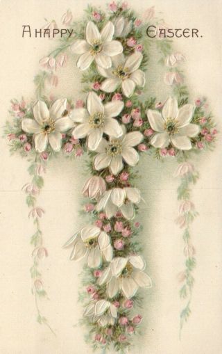 A Happy Easter Floral Cross Vintage Postcard