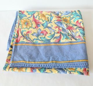 Vintage Cotton Square Tablecloth Blue Yellow Floral Scroll Farmhouse 48 " X 48 "