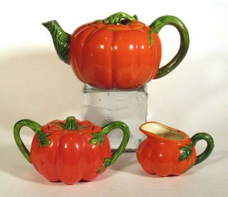1930s Vintage Maruhon Ware Japan Tomato Tea Set Teapot Sugar Creamer Pottery