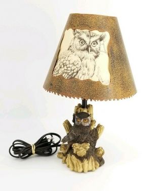 Rustic Owl Table Desk Top Carved Lamp With Metal Saw Blade Shade
