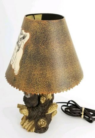 Rustic Owl Table Desk Top Carved Lamp with Metal Saw Blade Shade 8