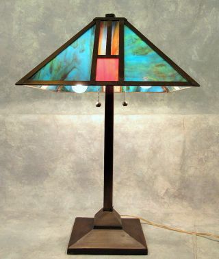 Tiffany Style Mission Arts & Crafts 25 " T.  Metal Lamp Colored Glass Paneled Shade