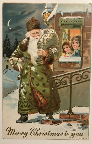Rare Long Green Robe Santa Claus With Children Antique Christmas Postcard - K15