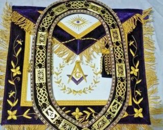 Masonic Grand Lodge Master Mason Apron With Chain Collar Hand Embroider