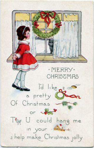 Whitney Christmas Rebus Picture Word Puzzle Little Girl,  Cat In Window Postcard