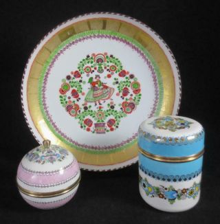 Vtg Steinbock Austria Email Enamel On Brass Footed 7.  75 " Plate,  2 Lidded Boxes