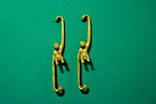 2 Vintage Brass Hanging Monkey Hooks