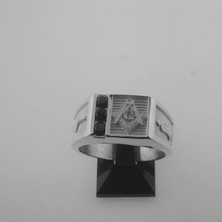 . 925 Sterling Silver Solid Back Masonic Ring With 3 Blue Synthetic Sapphires