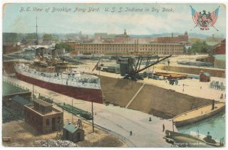 Postcard Brooklyn Navy Yard U.  S.  S.  Indiana In Dry Dock