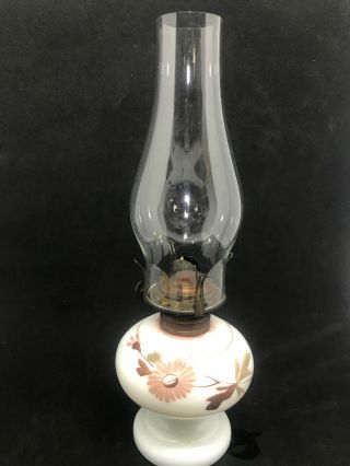 Antique Miniature Oil Lamp White Milk Glass Hand Painted Floral Scovill Burner