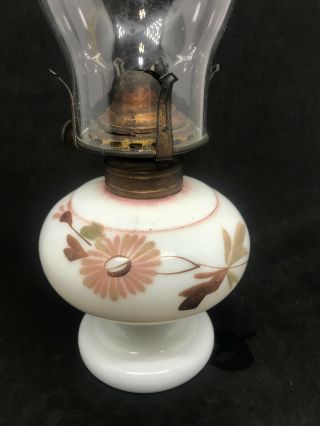 Antique Miniature Oil Lamp White Milk Glass Hand Painted Floral Scovill Burner 2