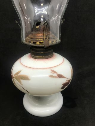 Antique Miniature Oil Lamp White Milk Glass Hand Painted Floral Scovill Burner 3
