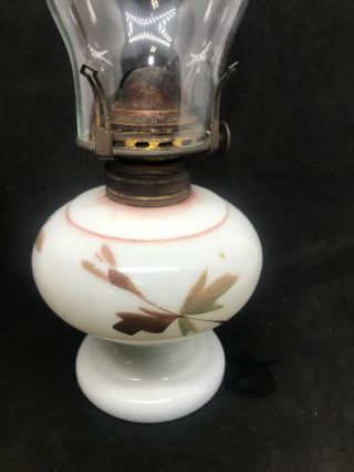 Antique Miniature Oil Lamp White Milk Glass Hand Painted Floral Scovill Burner 4