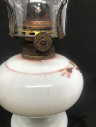 Antique Miniature Oil Lamp White Milk Glass Hand Painted Floral Scovill Burner 5