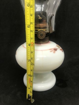 Antique Miniature Oil Lamp White Milk Glass Hand Painted Floral Scovill Burner 7