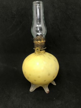 Antique 1890’s Raindrop Satin Miniature Oil Lamp Yellow Mother Of Pearl