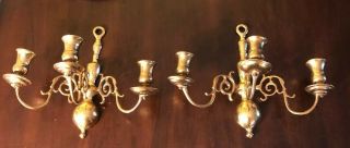 Pair Vintage Solid Brass Wall Sconces 3 Triple Candle Holders Hollywood Regency