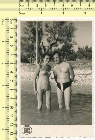 014 Swimsuit Woman & Man In Trunks Pose On Beach,  Couple Lady Guy Old Photo