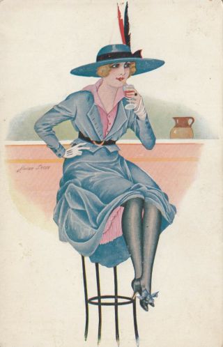 Xavier Sager ; Art Deco Female Portrait,  Woman On Bar Stool,  1910s