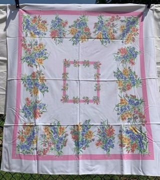 Vintage Cotton Tablecloth 40s Pretty Blue Green & Pink Floral 45 X 52