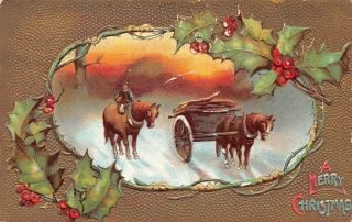 C20 - 4258,  Christmas Greetings,  Horse Wagon.