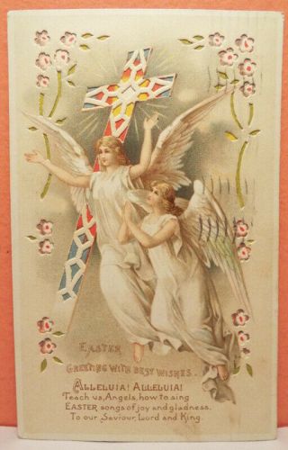 Antique Htl Postcard Hold To Light 1910 Alleluia Easter Cross Angels Flowers Vtg