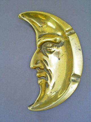 Vintage English Man In The Moon Art Deco Period Solid Brass Ashtray